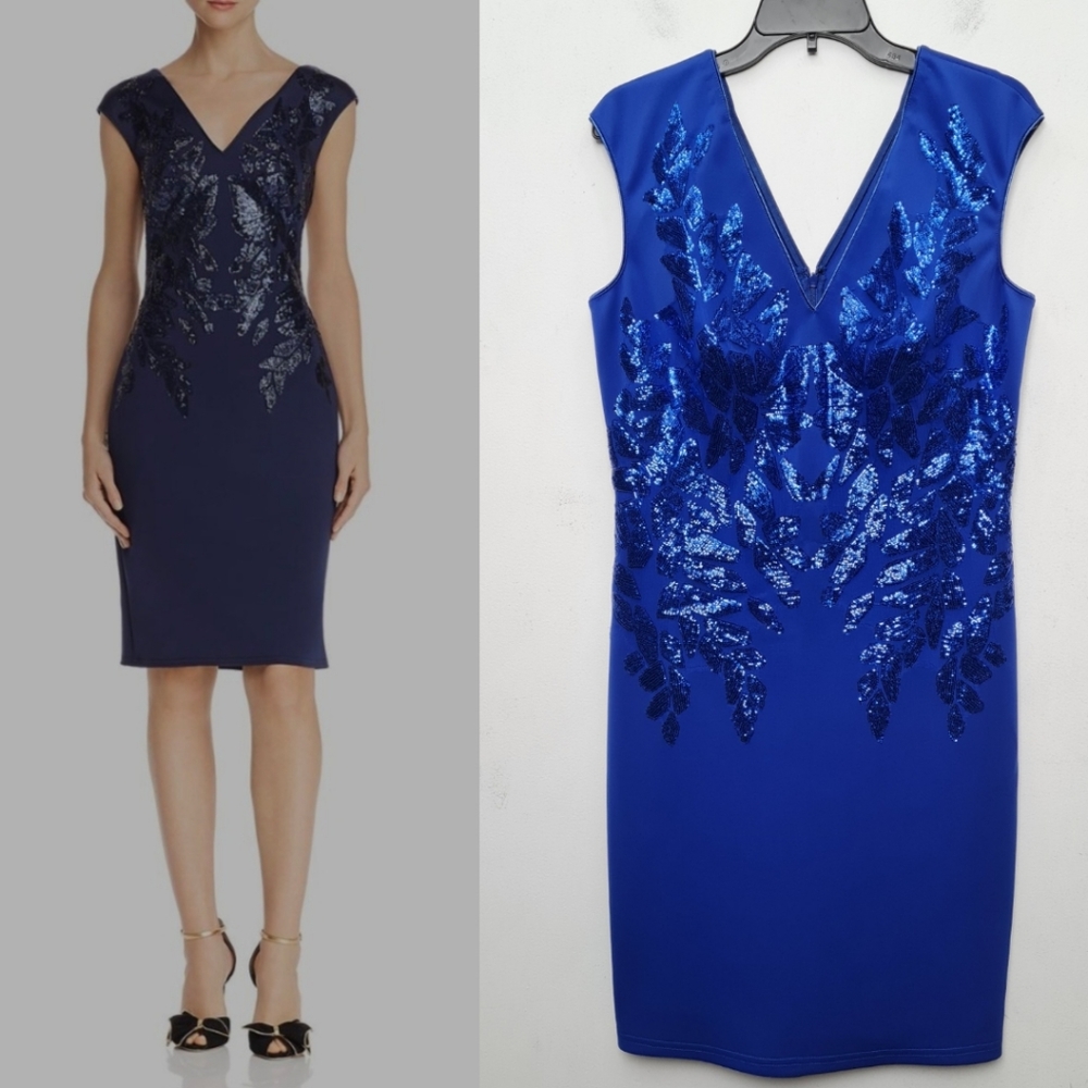 Tadashi Shoji Sequin Capsleeves Neoprene Shift Dress Royal Blue Women's Size L - Picture 2 of 16